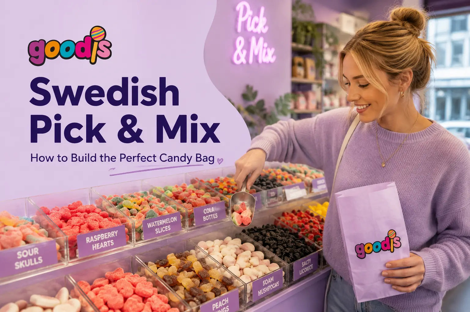 Woman in purple shirt picking and mixing Swedish candy.