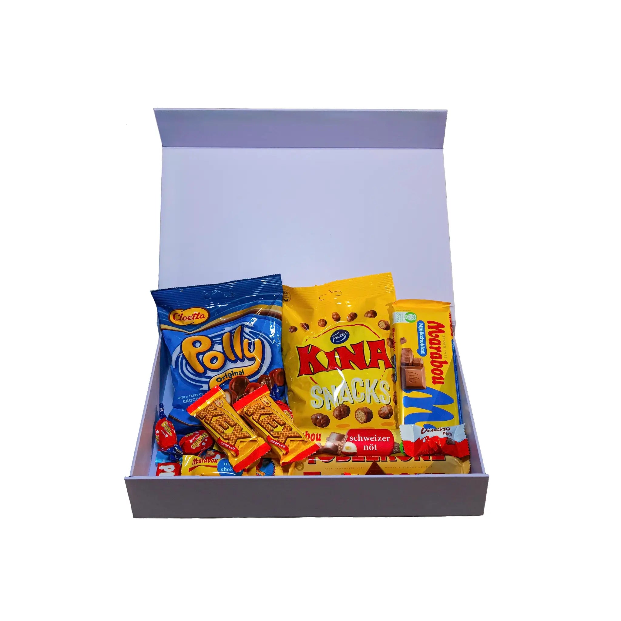 An open purple gift boxes filled with different kinds of chocolate.