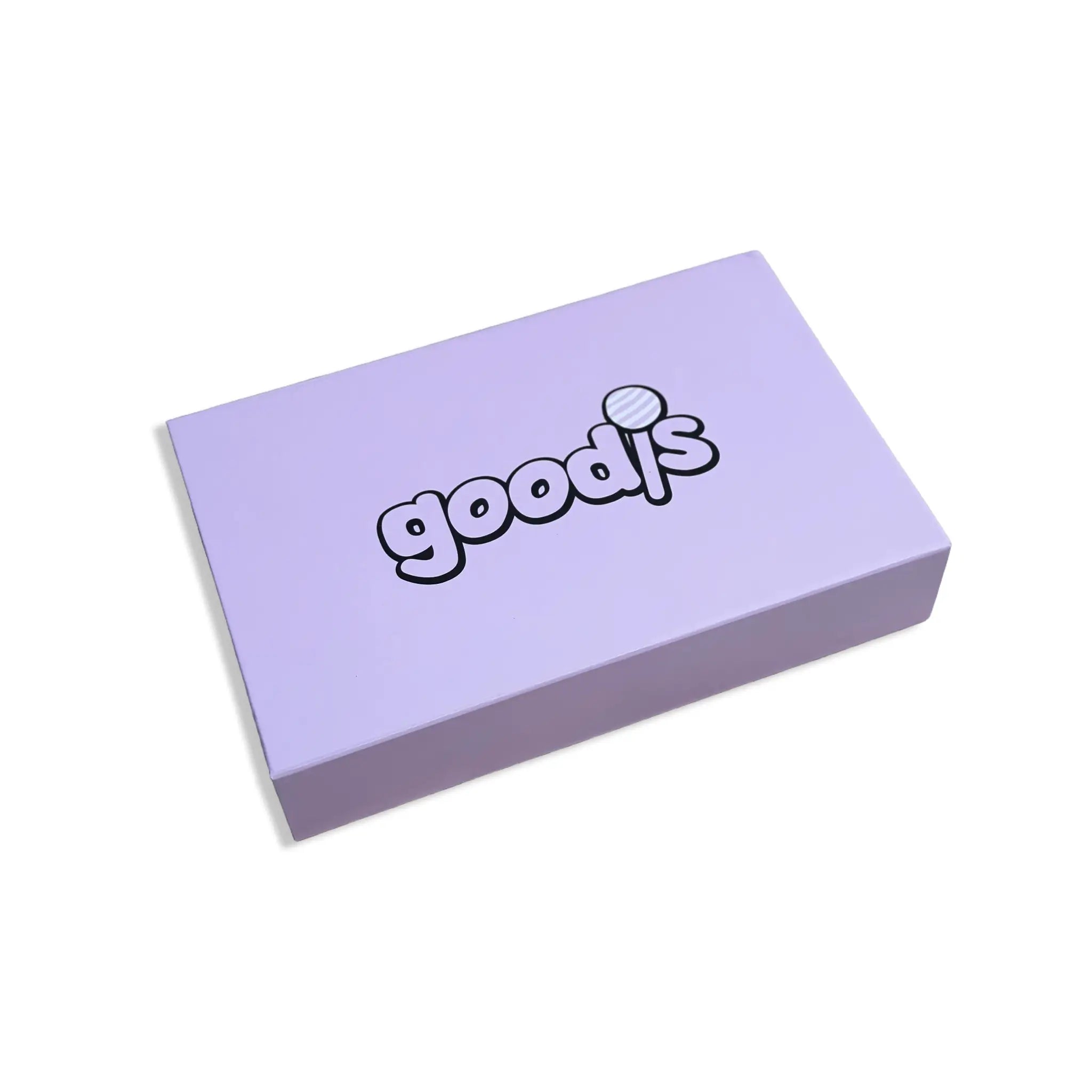 Purple gift box with the text "Goodis" on it.
