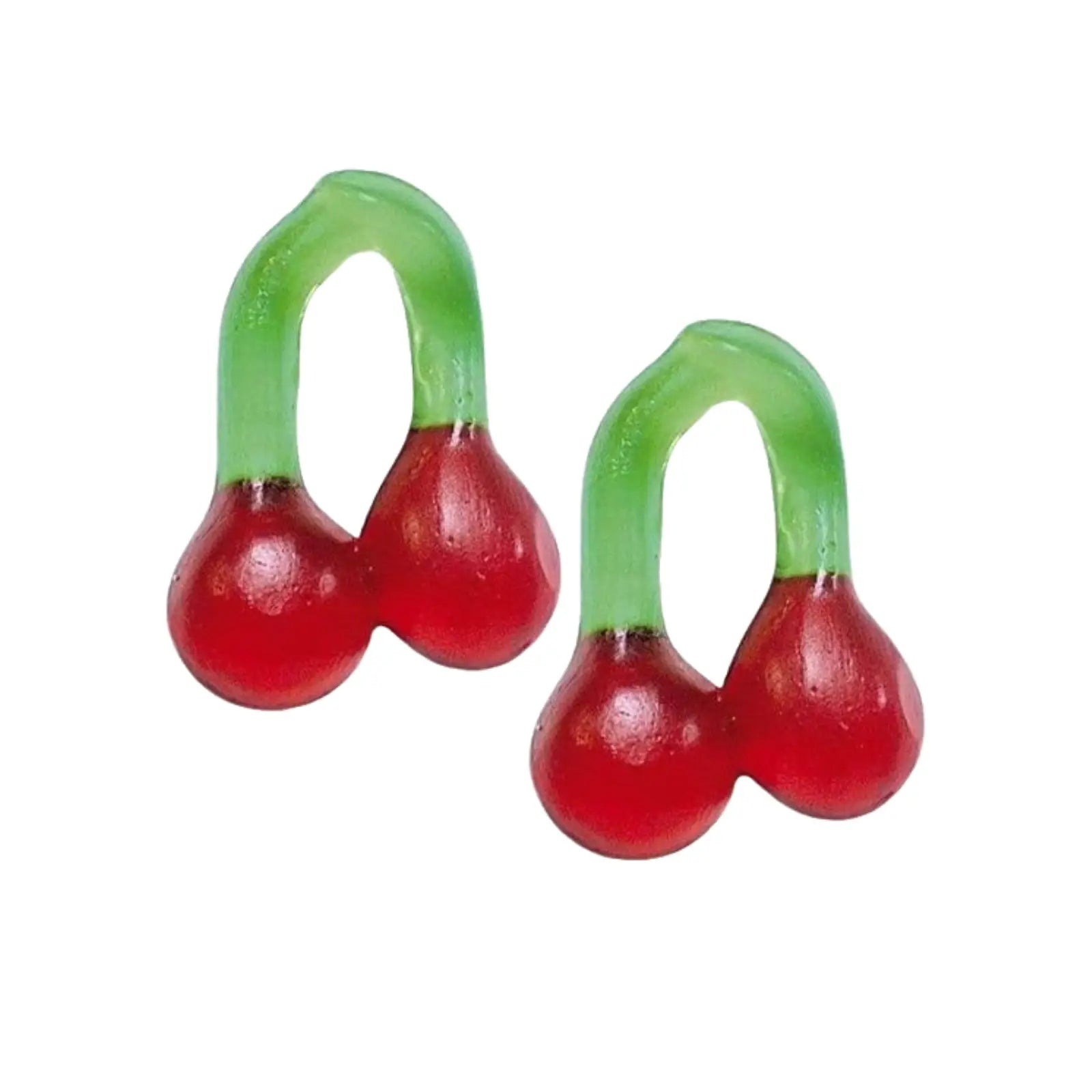 Two pieces of Swedish candy in red and green, in the shape of cherries.