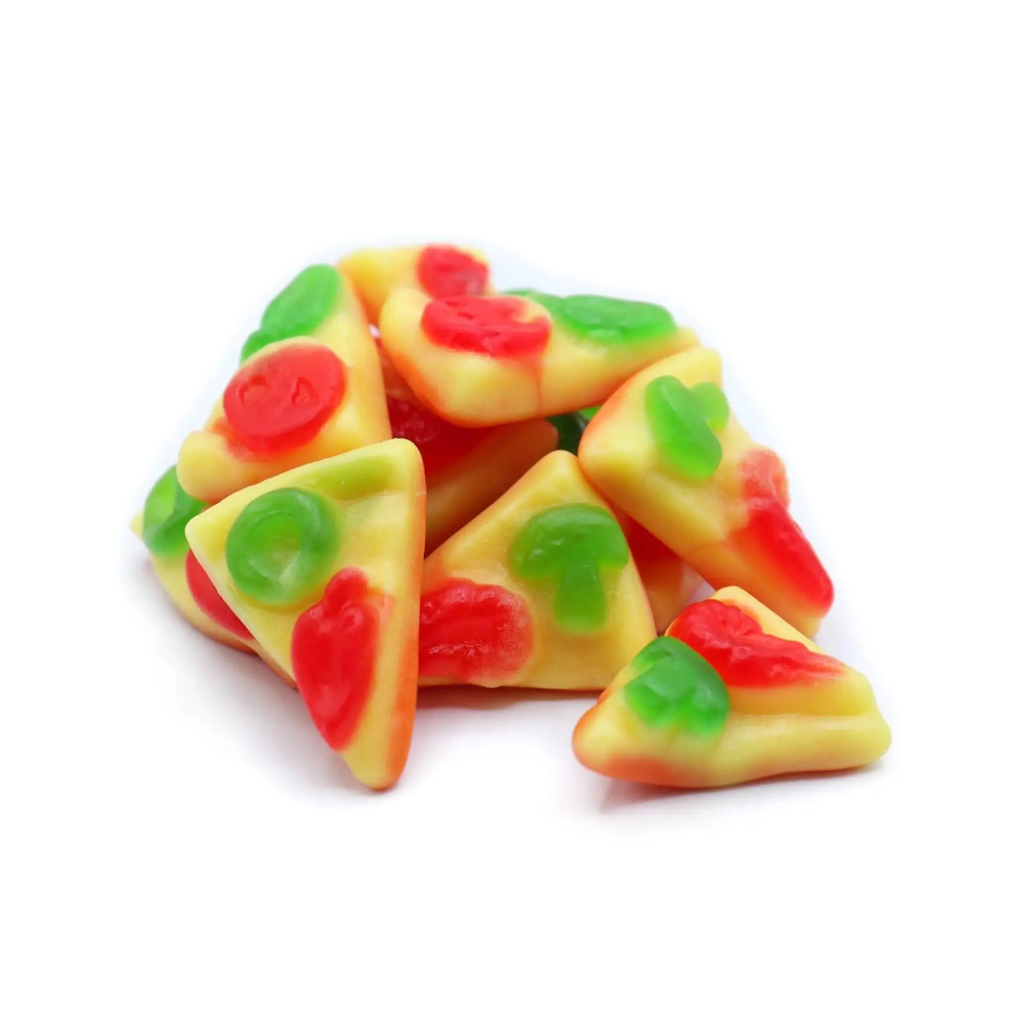 Multiple pieces of candy in the shape of pizza slices with red and yellow toppings.