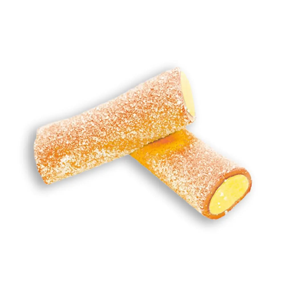 Two pieces of orange candy looking like pipes, coated in sugar.