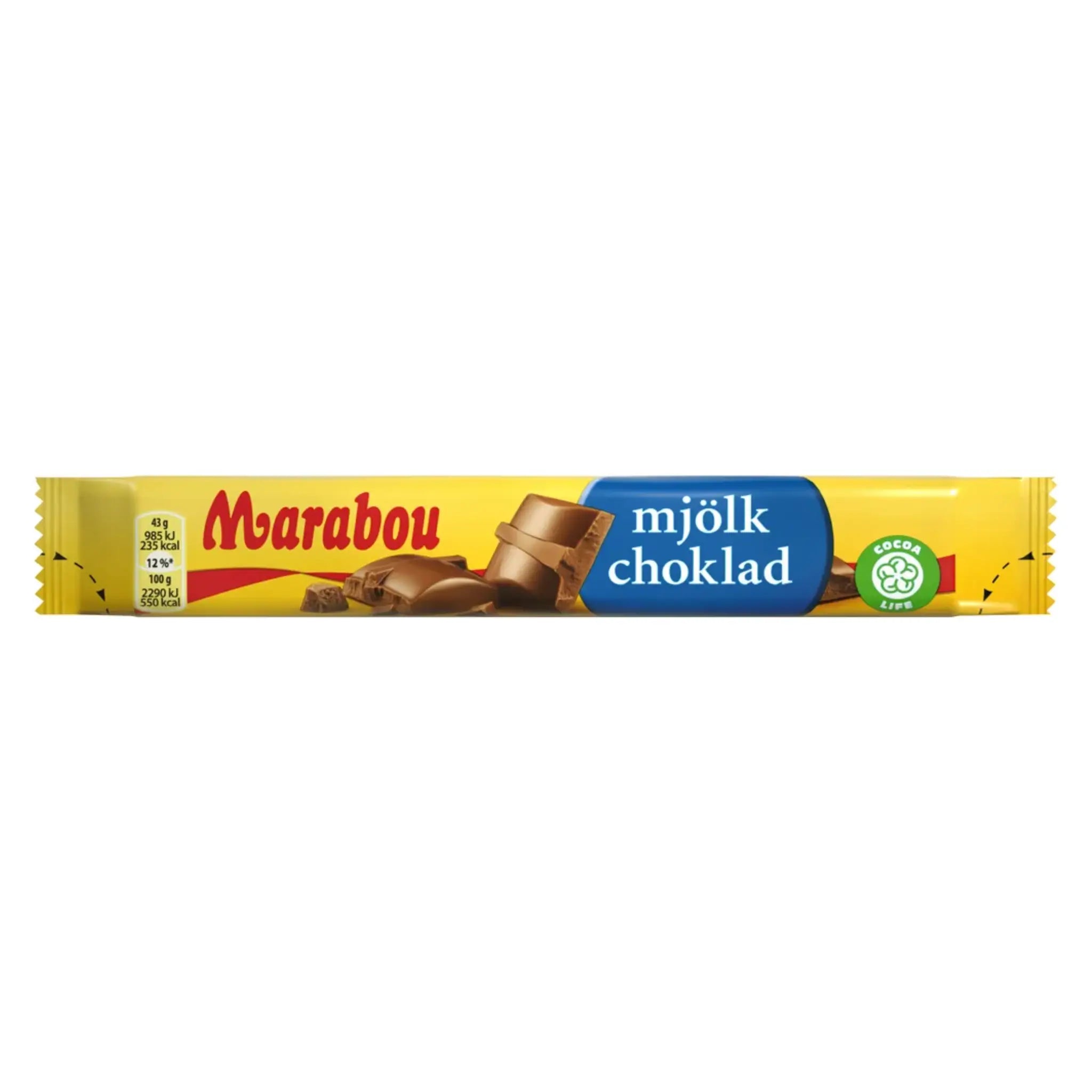 Marabou Milk Chocolate wrapped in mainly yellow, but with blue, brown and red details.