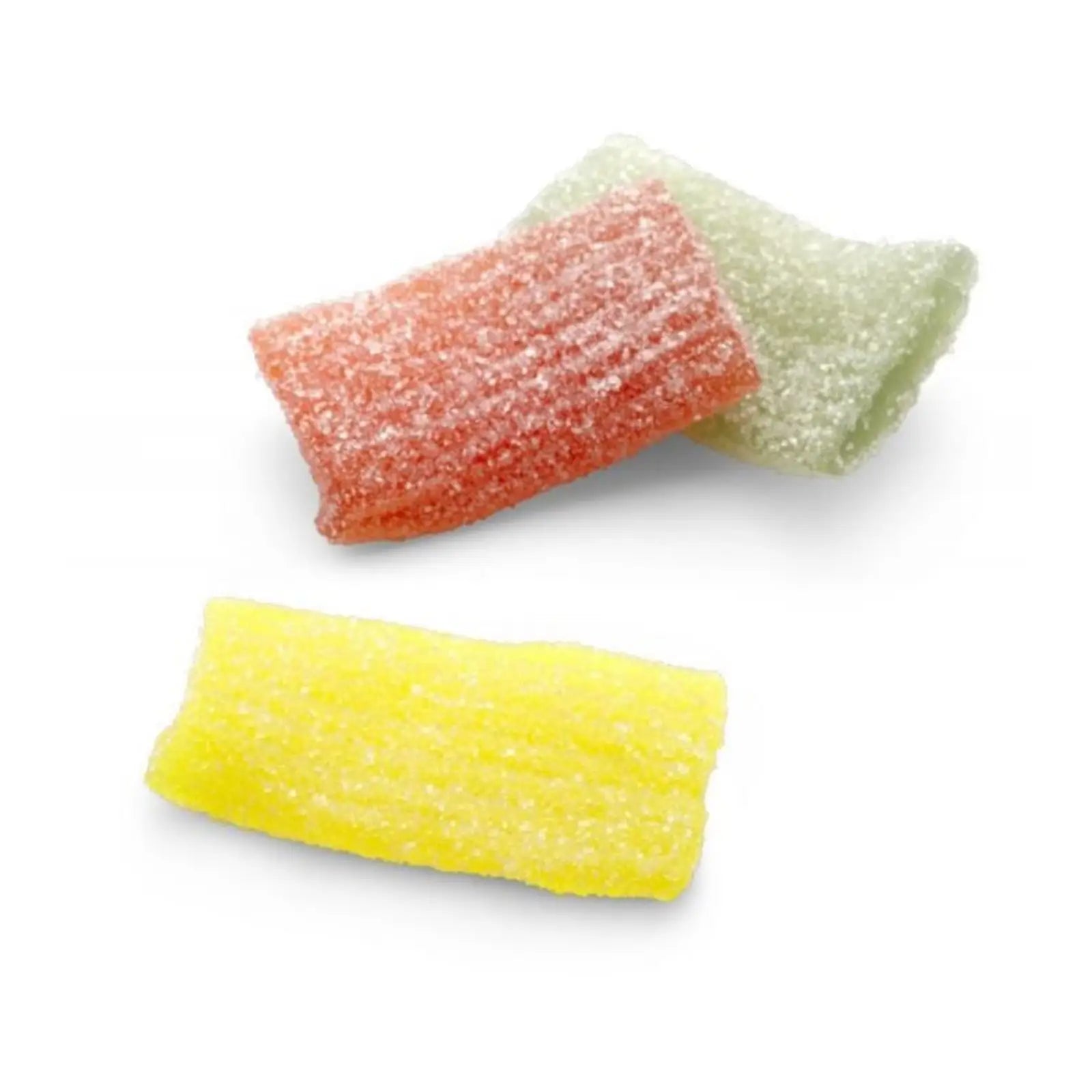 Three pieces of Swedish candy, looking like small rugs, in green, red and yellow, coated in sugar.