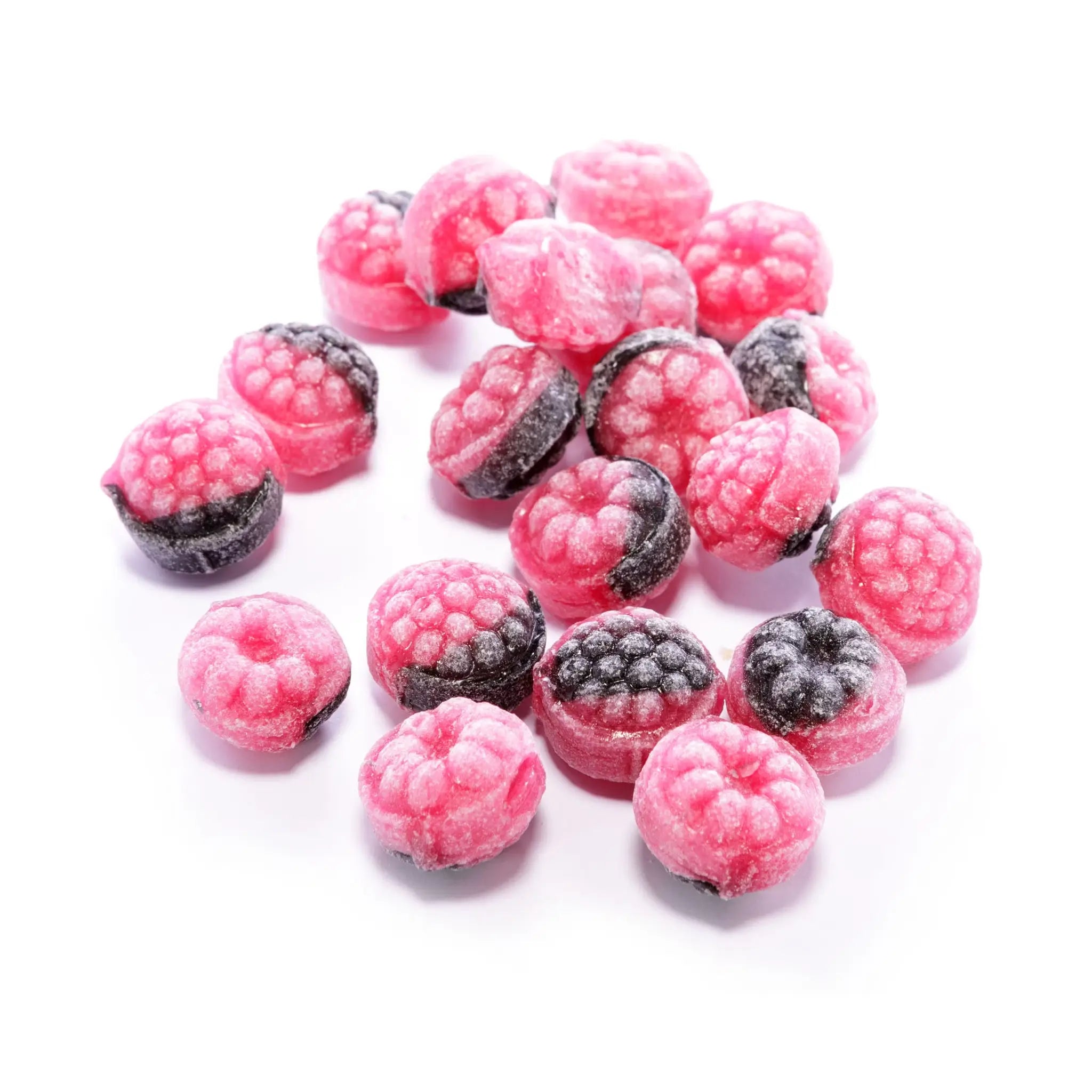 Multiple pieces of Swedish candy in the shape of raspberries in pink and black.