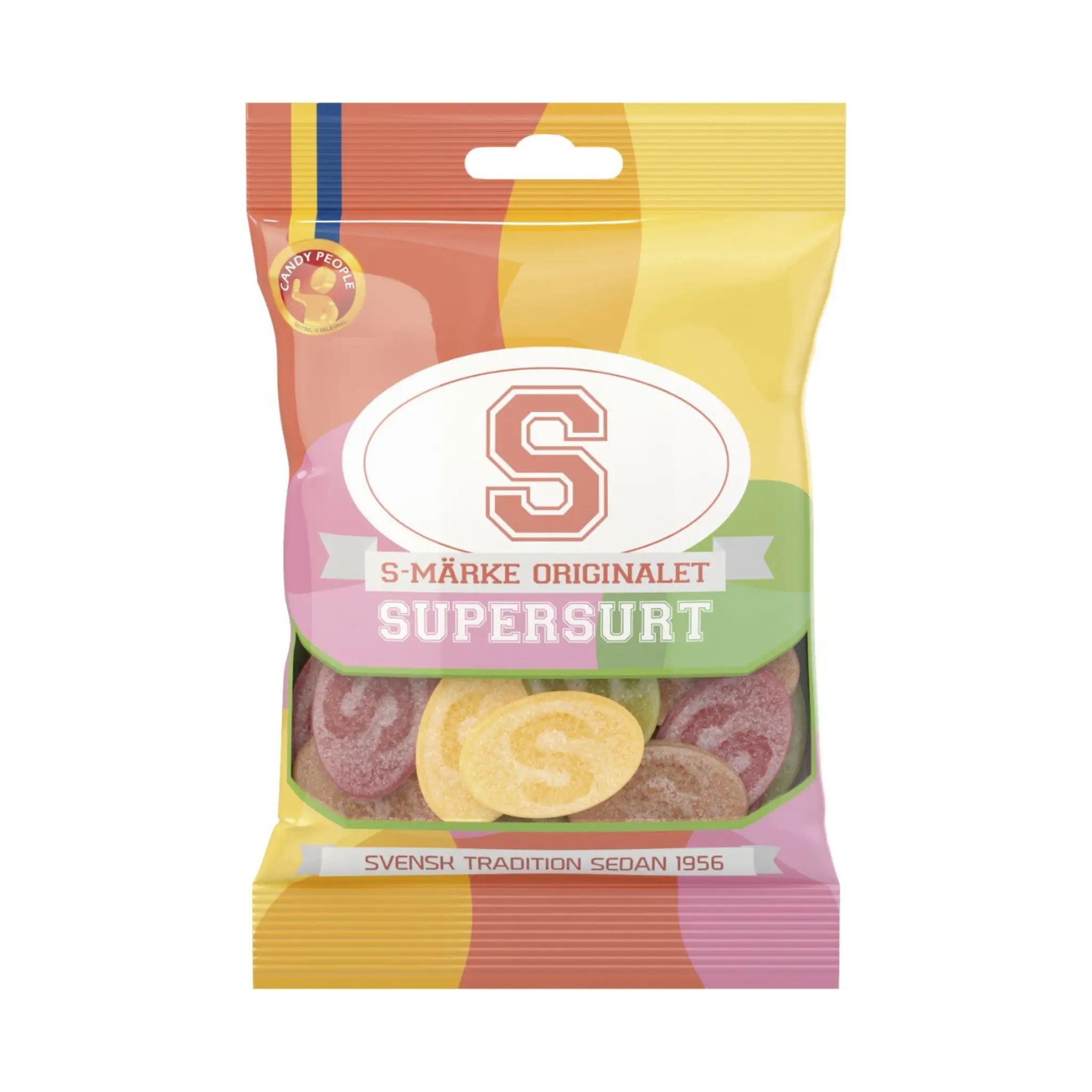 Swedish candy in oval shape and with the letter "S" on the front of each one, wrapped in a bag in mainly green, orange, red, pink and yellow.