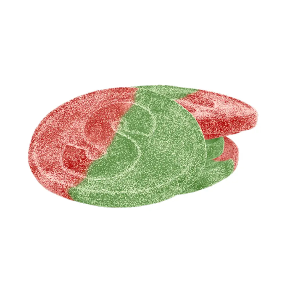 Four pieces of Swedish candy in the shape of ovals, half green and half ed, coated in sugar, with a big "S" in the front.