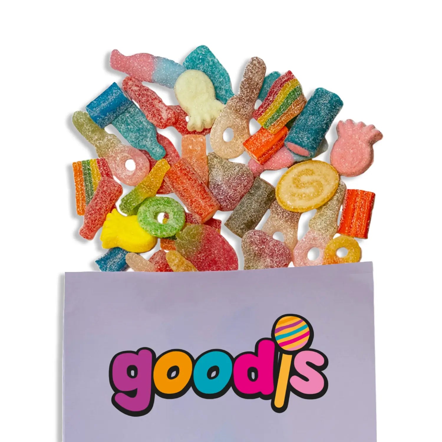 A purple bag with Swedish candy in different shapes and colors, coated in sugar, falling out of it.