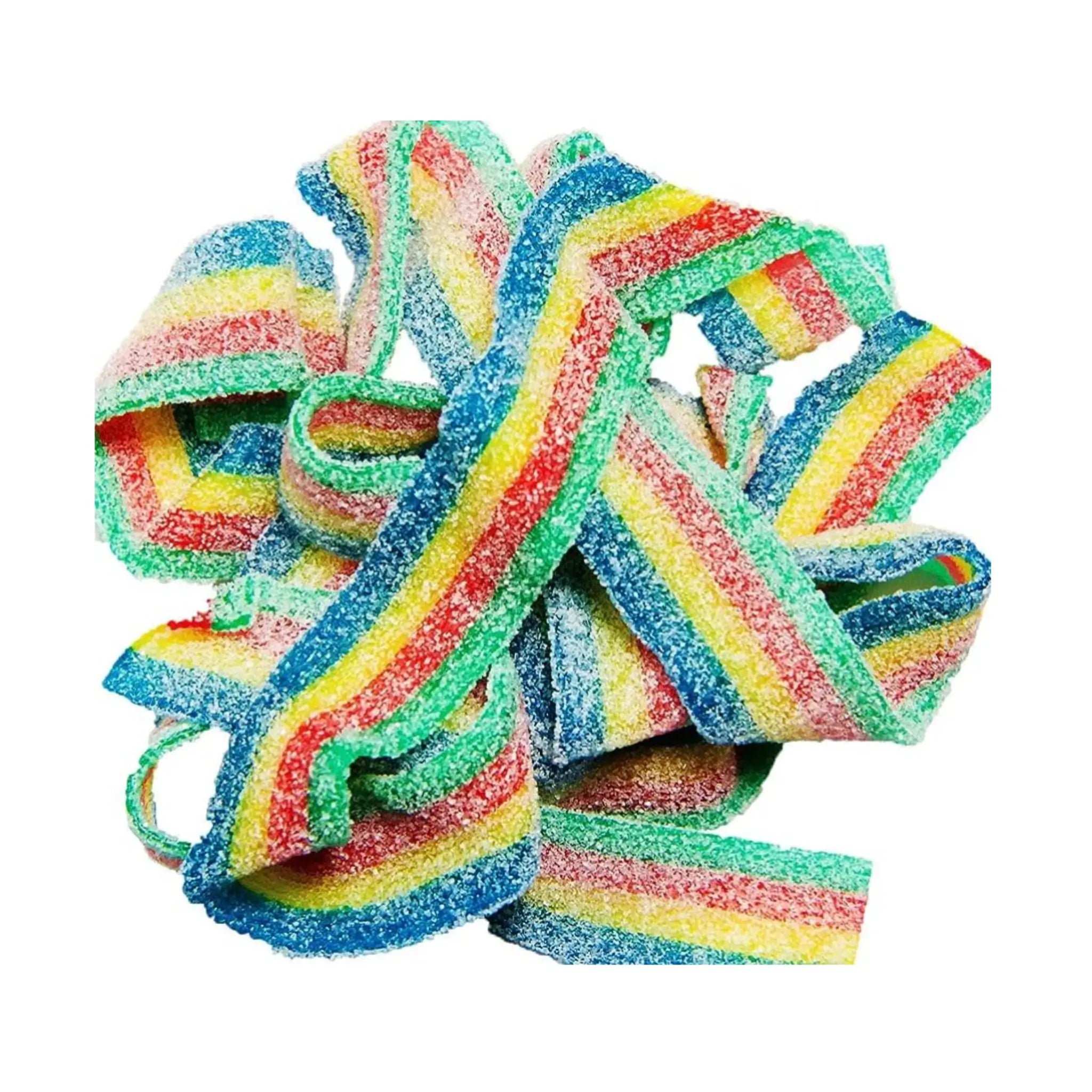 Candy in the shape of a belt in green, yellow, blue and red.