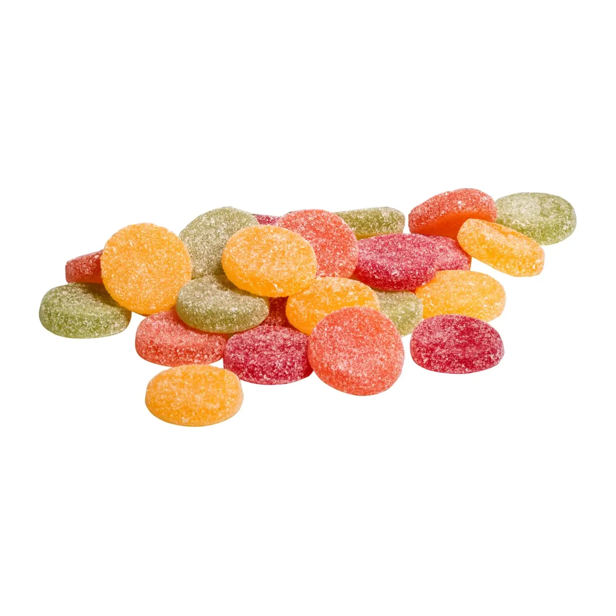 Multiple pieces of Swedish candy, shaped like coins in red, green, orange and yellow, coated in sugar.