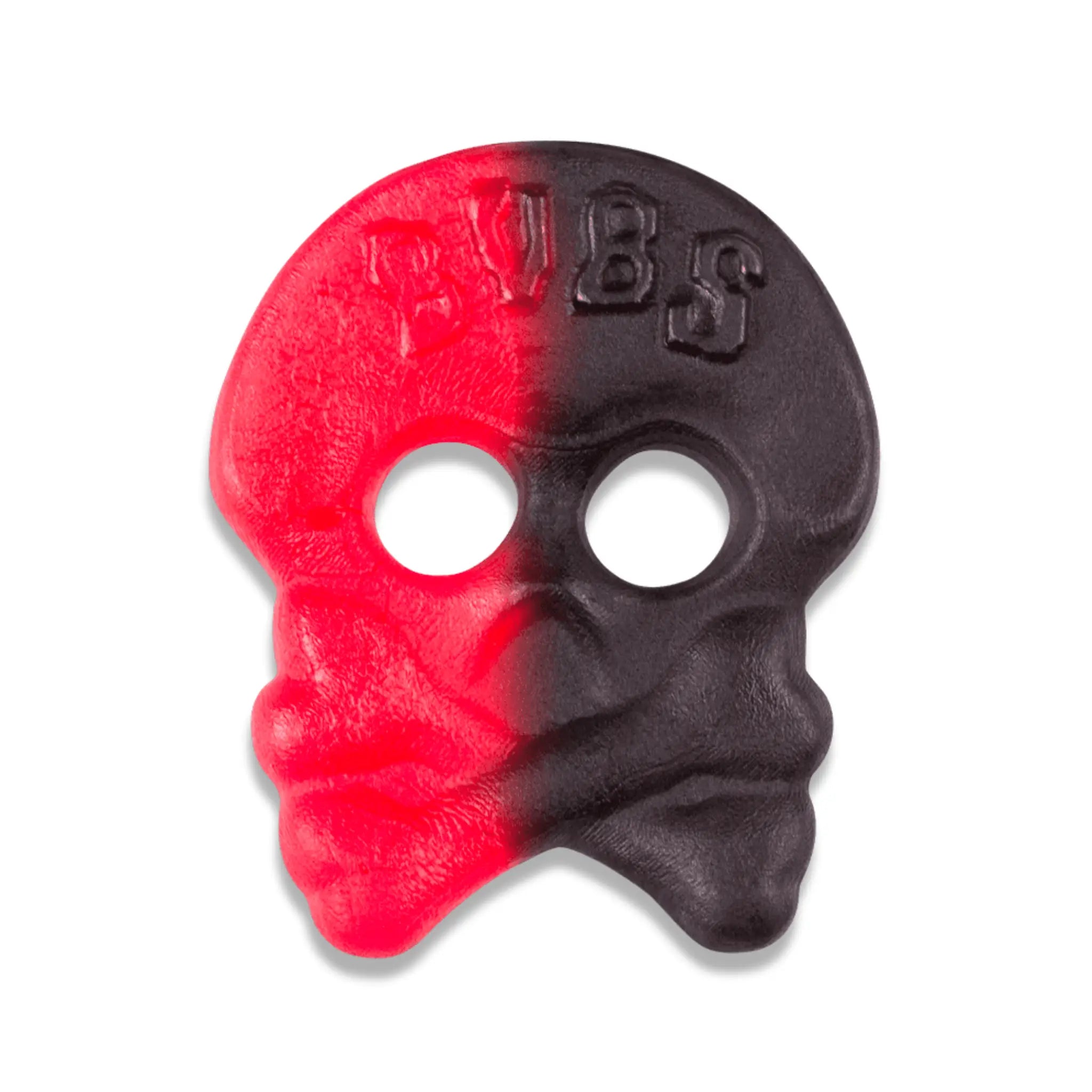 A piece of Swedish candy in the shape of a skull, half in red and half in black, with the word "Bubs" in the front.