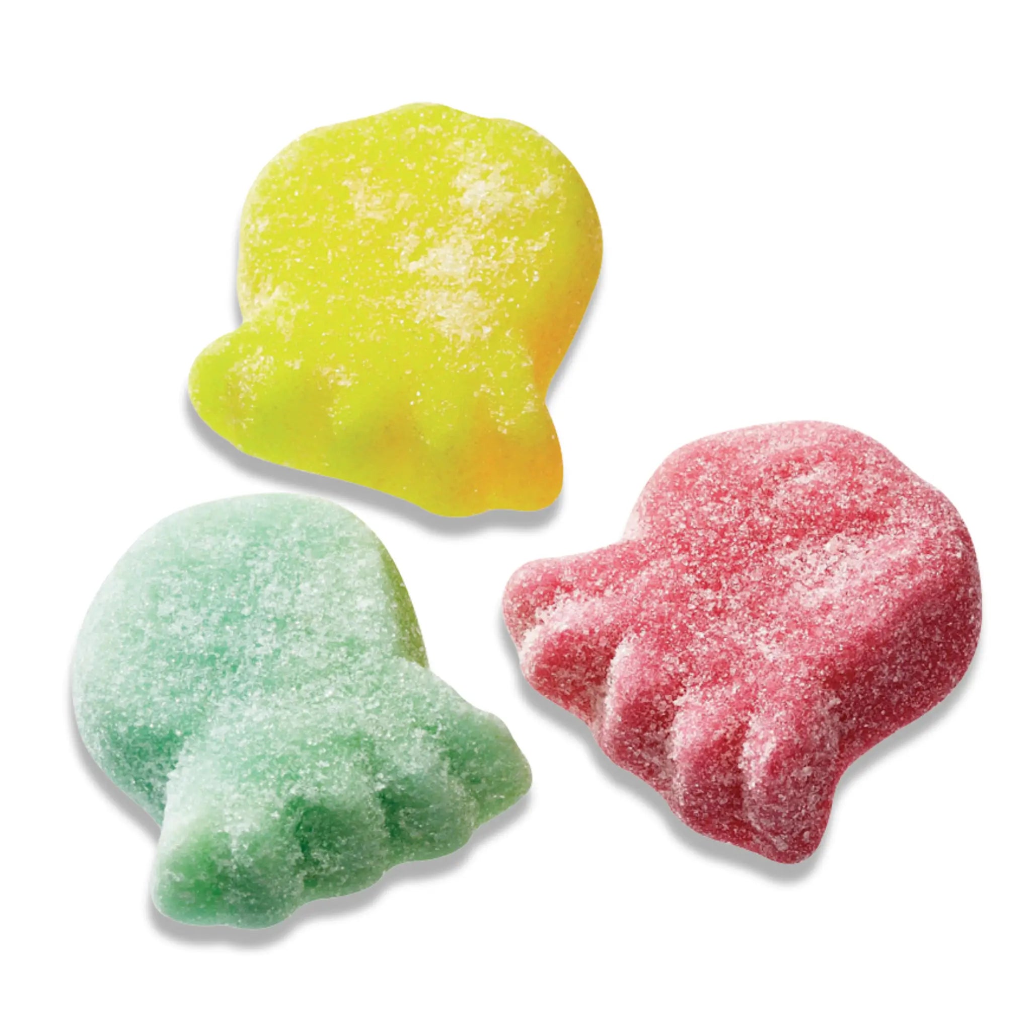 Three pieces of Swedish candy in the shape of an octopus, in yellow, green and pink, coated in sugar.