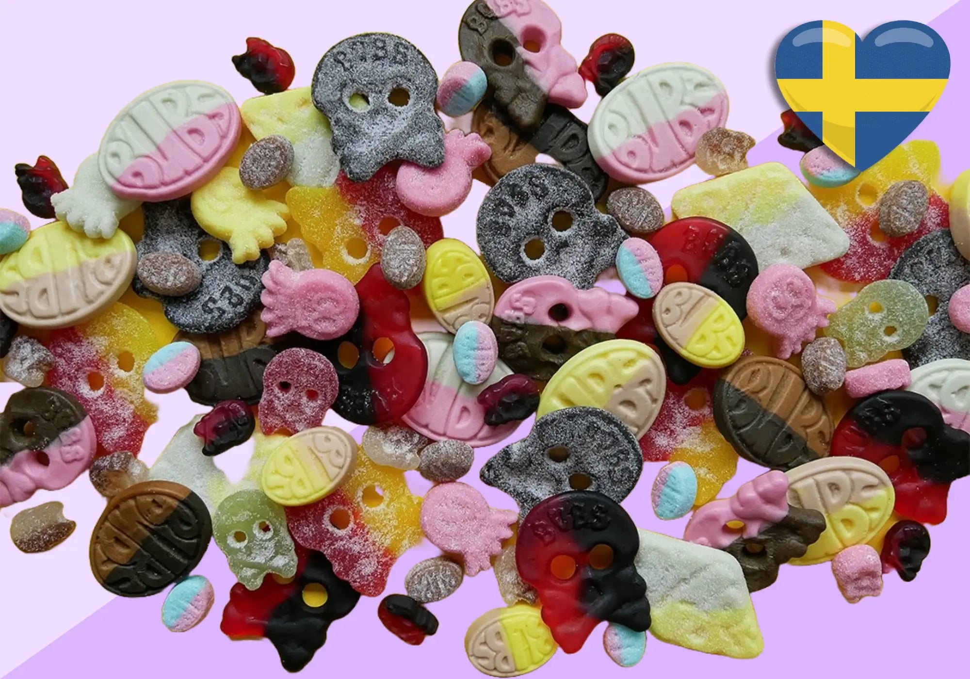 Swedish candy in different colors and shapes, with a heart-shaped Swedish flag in the top right corner.