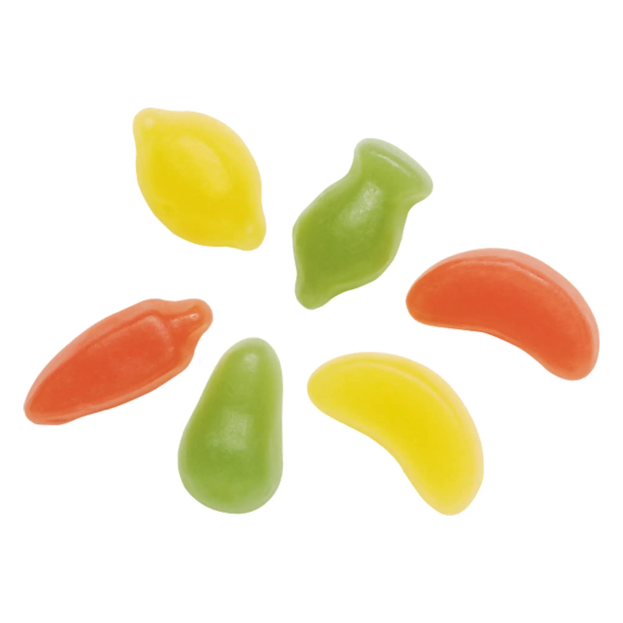 Six pieces of Swedish candy in green, yellow and red, shaped like fruits.