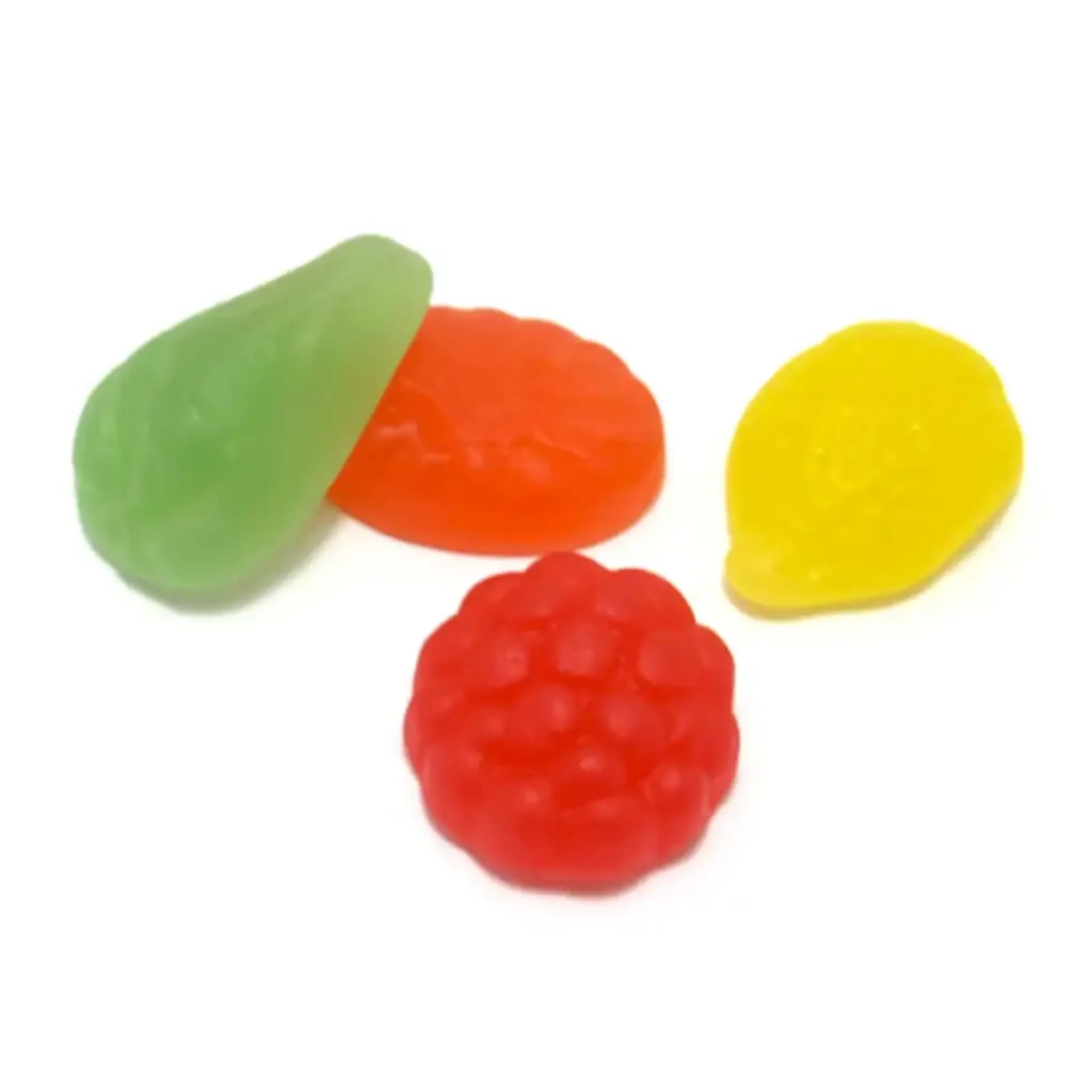 Sweet and fruity Swedish candy gummies in red, orange, green and yellow.